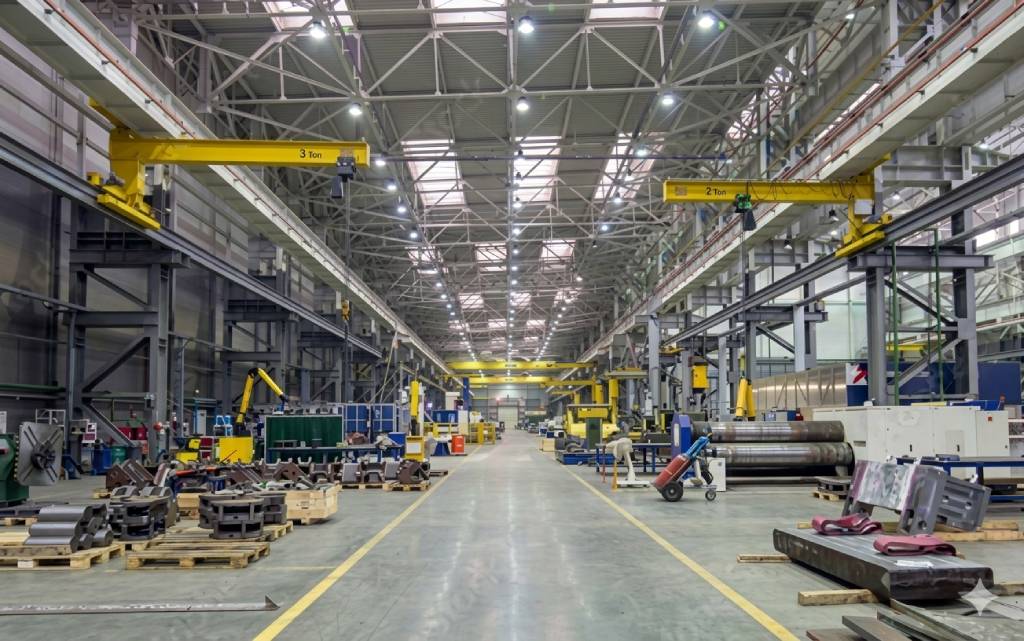 Industrial manufacturing facility with cranes and machinery